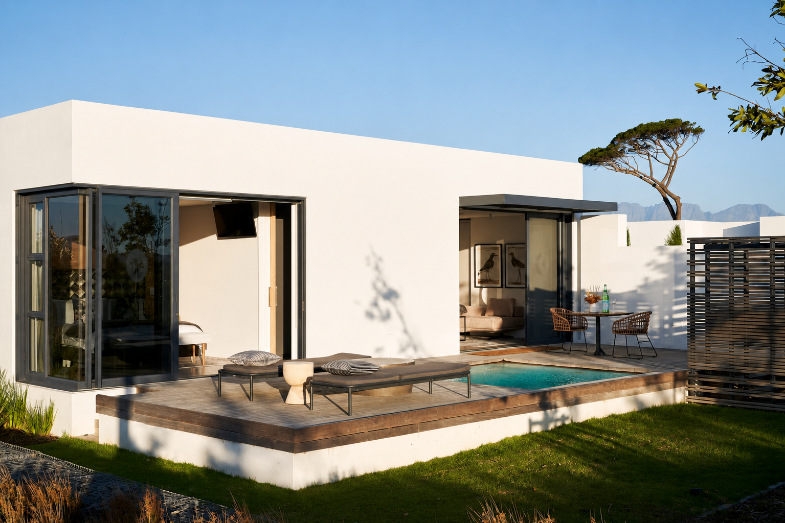 Modern white vineyard suite with private plunge pool and mountain views