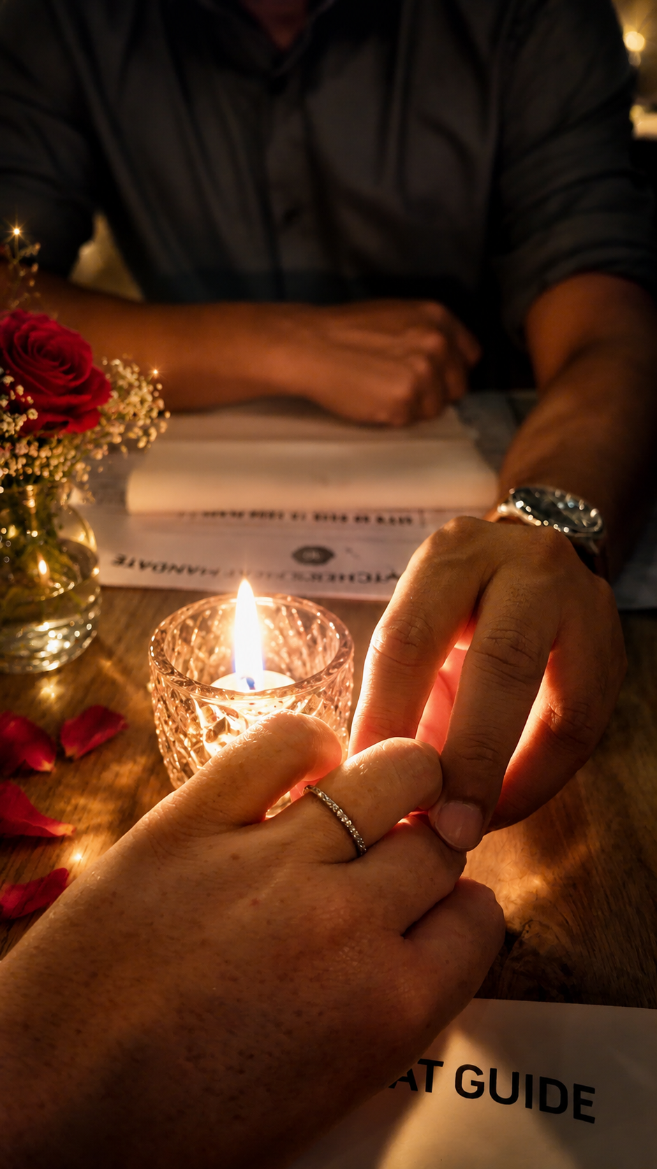 Candlelit hands showing the proposal ring